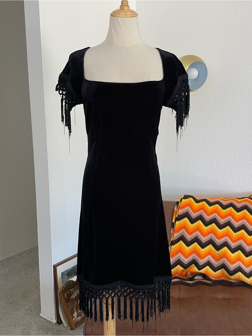 Vintage 1990s Y2K Cookie Puss Whimsigoth Witchy Glam Velvet Fringe Dress